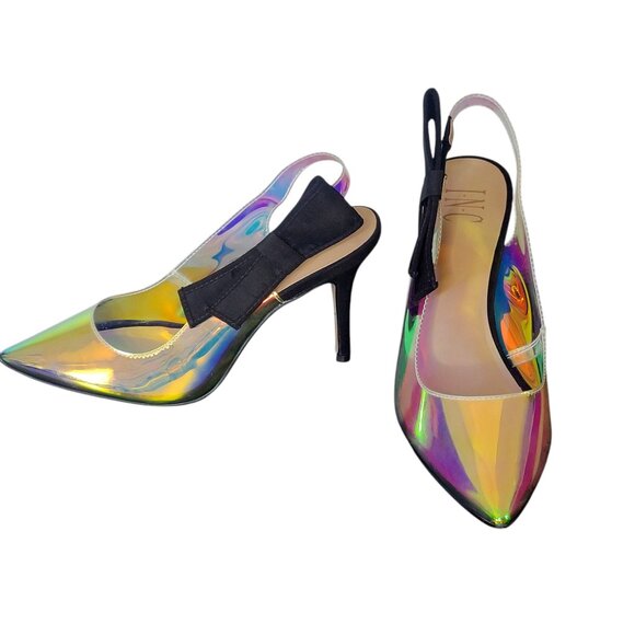 INC Women Coletta  Iridescent Vinyl Sling Back Heels Size 8.5 M Side Black Bow - Picture 1 of 10